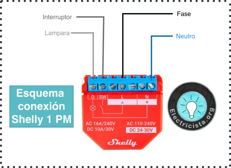 Esquema de conexión de Shelly Plus 1PM con interruptor simple y lámpara